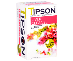 Tipson Liver Cleanse – ziołowa mieszanka mięty pieprzowej, mniszka, kolendry, kopru włoskiego, liści curry i kurkumy na oczyszczenie i przywrócenie prawidłowego funkcjonowania wątroby. Kopertowane saszetki zostały umieszczone w ozdobnym opakowaniu z kwiatowym motywem.