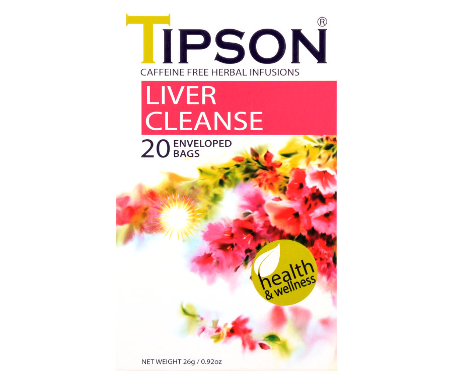 Tipson Liver Cleanse – ziołowa mieszanka mięty pieprzowej, mniszka, kolendry, kopru włoskiego, liści curry i kurkumy na oczyszczenie i przywrócenie prawidłowego funkcjonowania wątroby. Kopertowane saszetki zostały umieszczone w ozdobnym opakowaniu z kwiatowym motywem.