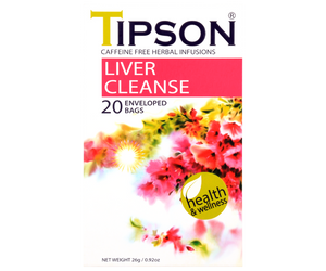 Tipson Liver Cleanse – ziołowa mieszanka mięty pieprzowej, mniszka, kolendry, kopru włoskiego, liści curry i kurkumy na oczyszczenie i przywrócenie prawidłowego funkcjonowania wątroby. Kopertowane saszetki zostały umieszczone w ozdobnym opakowaniu z kwiatowym motywem.