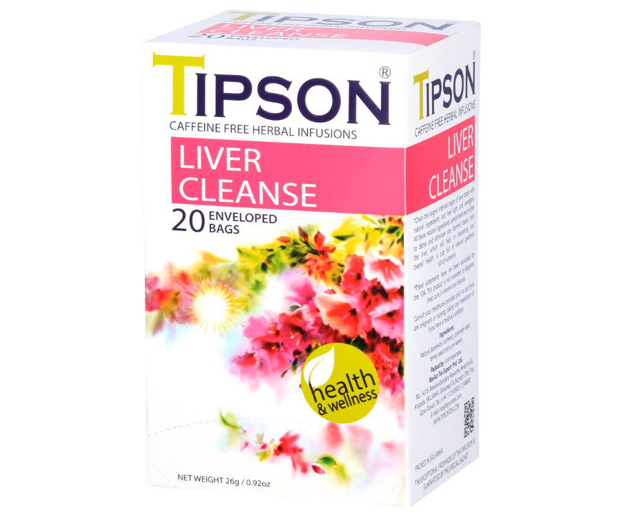 Tipson Liver Cleanse – ziołowa mieszanka mięty pieprzowej, mniszka, kolendry, kopru włoskiego, liści curry i kurkumy na oczyszczenie i przywrócenie prawidłowego funkcjonowania wątroby. Kopertowane saszetki zostały umieszczone w ozdobnym opakowaniu z kwiatowym motywem.