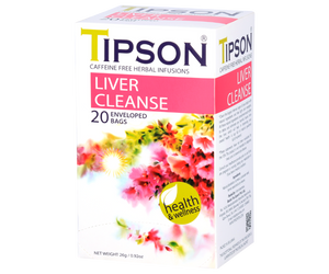 Tipson Liver Cleanse – ziołowa mieszanka mięty pieprzowej, mniszka, kolendry, kopru włoskiego, liści curry i kurkumy na oczyszczenie i przywrócenie prawidłowego funkcjonowania wątroby. Kopertowane saszetki zostały umieszczone w ozdobnym opakowaniu z kwiatowym motywem.