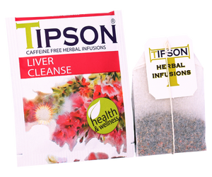 Tipson Liver Cleanse – ziołowa mieszanka mięty pieprzowej, mniszka, kolendry, kopru włoskiego, liści curry i kurkumy na oczyszczenie i przywrócenie prawidłowego funkcjonowania wątroby. Kopertowane saszetki zostały umieszczone w ozdobnym opakowaniu z kwiatowym motywem.