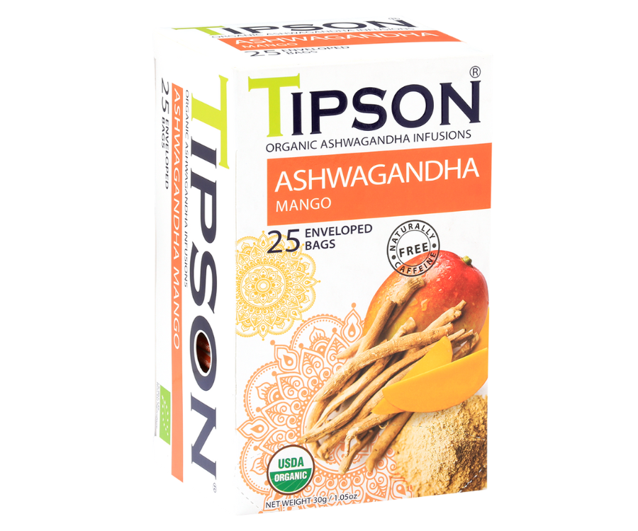 Tipson Ashwagandha Mango – organiczna mieszanka rumianku, ashwagandhy, trawy cytrynowej, kurkumy, moringi oraz naturalnego aromatu mango. Kopertowane saszetki zostały umieszczone w opakowaniu ozdobionym grafiką egzotycznego owocu  i przypraw.