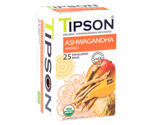 Tipson Ashwagandha Mango – organiczna mieszanka rumianku, ashwagandhy, trawy cytrynowej, kurkumy, moringi oraz naturalnego aromatu mango. Kopertowane saszetki zostały umieszczone w opakowaniu ozdobionym grafiką egzotycznego owocu  i przypraw.