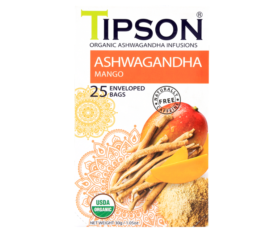 Tipson Ashwagandha Mango – organiczna mieszanka rumianku, ashwagandhy, trawy cytrynowej, kurkumy, moringi oraz naturalnego aromatu mango. Kopertowane saszetki zostały umieszczone w opakowaniu ozdobionym grafiką egzotycznego owocu  i przypraw.