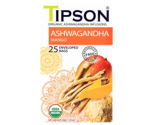 Tipson Ashwagandha Mango – organiczna mieszanka rumianku, ashwagandhy, trawy cytrynowej, kurkumy, moringi oraz naturalnego aromatu mango. Kopertowane saszetki zostały umieszczone w opakowaniu ozdobionym grafiką egzotycznego owocu  i przypraw.