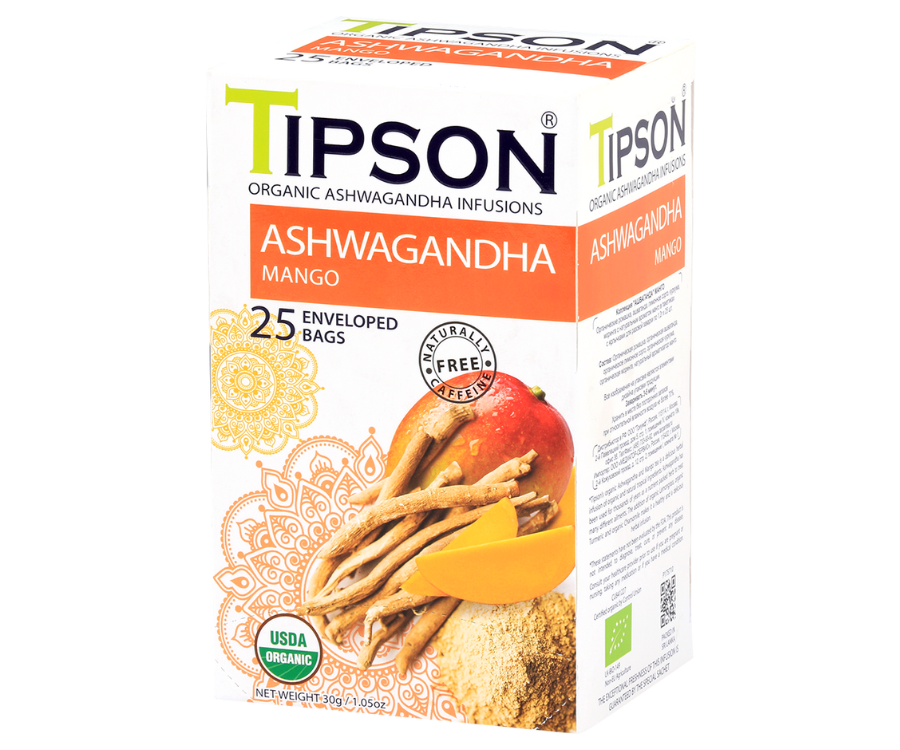 Tipson Ashwagandha Mango – organiczna mieszanka rumianku, ashwagandhy, trawy cytrynowej, kurkumy, moringi oraz naturalnego aromatu mango. Kopertowane saszetki zostały umieszczone w opakowaniu ozdobionym grafiką egzotycznego owocu  i przypraw.