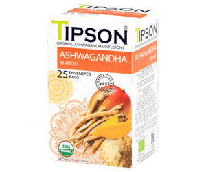 Tipson Ashwagandha Mango – organiczna mieszanka rumianku, ashwagandhy, trawy cytrynowej, kurkumy, moringi oraz naturalnego aromatu mango. Kopertowane saszetki zostały umieszczone w opakowaniu ozdobionym grafiką egzotycznego owocu  i przypraw.