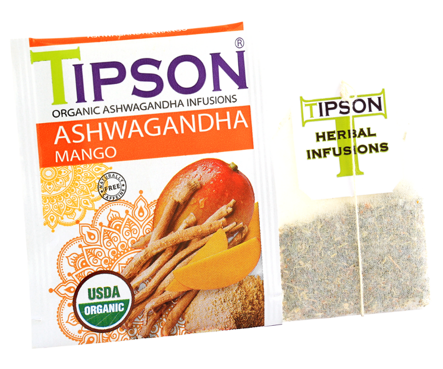 Tipson Ashwagandha Mango – organiczna mieszanka rumianku, ashwagandhy, trawy cytrynowej, kurkumy, moringi oraz naturalnego aromatu mango. Kopertowane saszetki zostały umieszczone w opakowaniu ozdobionym grafiką egzotycznego owocu  i przypraw.