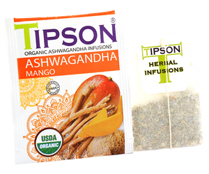 Tipson Ashwagandha Mango – organiczna mieszanka rumianku, ashwagandhy, trawy cytrynowej, kurkumy, moringi oraz naturalnego aromatu mango. Kopertowane saszetki zostały umieszczone w opakowaniu ozdobionym grafiką egzotycznego owocu  i przypraw.