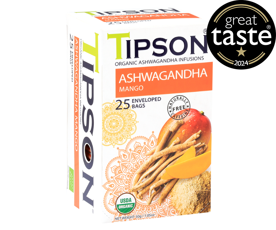 Tipson Ashwagandha Mango – organiczna mieszanka rumianku, ashwagandhy, trawy cytrynowej, kurkumy, moringi oraz naturalnego aromatu mango. Kopertowane saszetki zostały umieszczone w opakowaniu ozdobionym grafiką egzotycznego owocu  i przypraw.