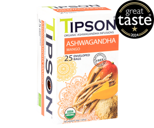 Tipson Ashwagandha Mango – organiczna mieszanka rumianku, ashwagandhy, trawy cytrynowej, kurkumy, moringi oraz naturalnego aromatu mango. Kopertowane saszetki zostały umieszczone w opakowaniu ozdobionym grafiką egzotycznego owocu  i przypraw.