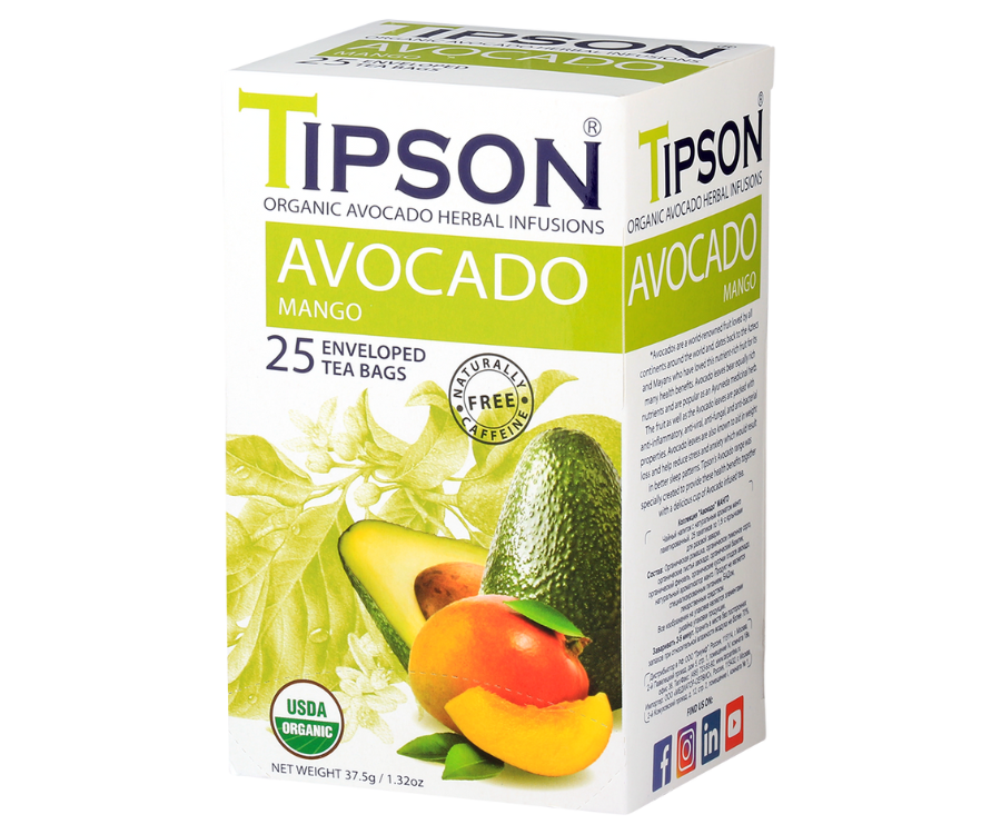 Tipson Avocado Mango – organiczna mieszanka rumianku, trawy cytrynowej, liści awokado, bazylii, kopru włoskiego, awokado oraz naturalnego aromatu mango. Kopertowane saszetki zostały umieszczone w opakowaniu ozdobionym grafiką liści i owoców.