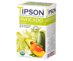 Tipson Avocado Mango – organiczna mieszanka rumianku, trawy cytrynowej, liści awokado, bazylii, kopru włoskiego, awokado oraz naturalnego aromatu mango. Kopertowane saszetki zostały umieszczone w opakowaniu ozdobionym grafiką liści i owoców.