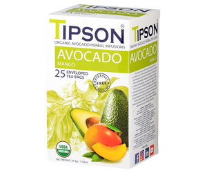 Tipson Avocado Mango – organiczna mieszanka rumianku, trawy cytrynowej, liści awokado, bazylii, kopru włoskiego, awokado oraz naturalnego aromatu mango. Kopertowane saszetki zostały umieszczone w opakowaniu ozdobionym grafiką liści i owoców.