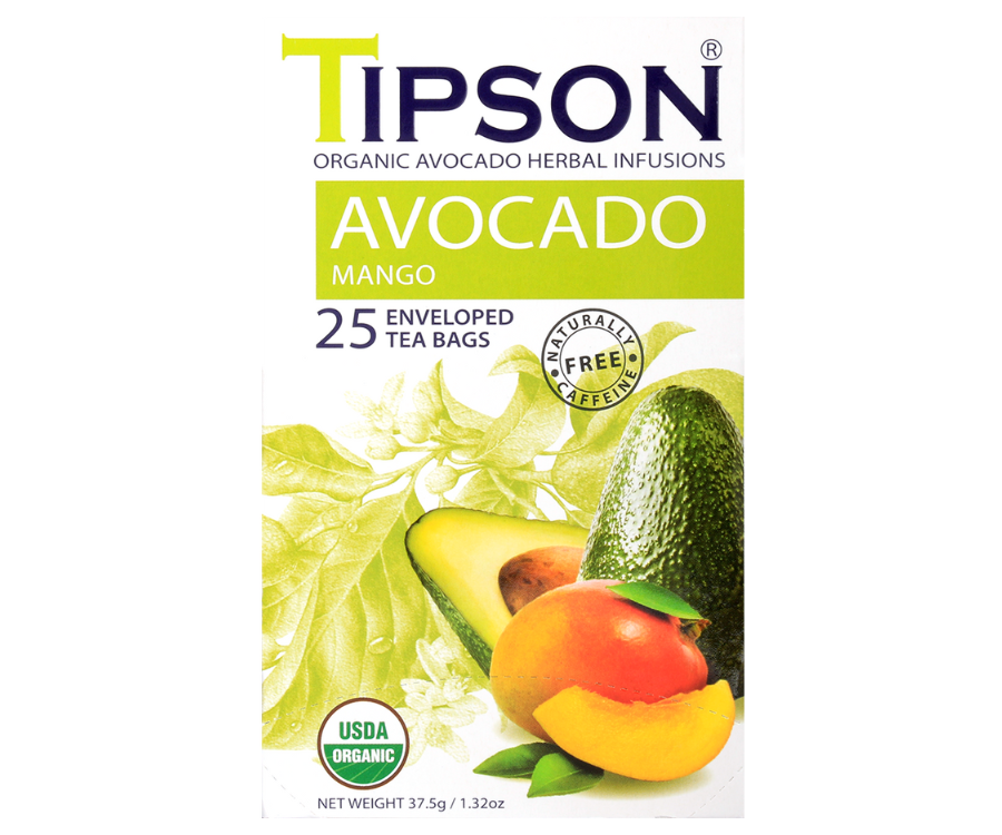 Tipson Avocado Mango – organiczna mieszanka rumianku, trawy cytrynowej, liści awokado, bazylii, kopru włoskiego, awokado oraz naturalnego aromatu mango. Kopertowane saszetki zostały umieszczone w opakowaniu ozdobionym grafiką liści i owoców.