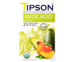 Tipson Avocado Mango – organiczna mieszanka rumianku, trawy cytrynowej, liści awokado, bazylii, kopru włoskiego, awokado oraz naturalnego aromatu mango. Kopertowane saszetki zostały umieszczone w opakowaniu ozdobionym grafiką liści i owoców.