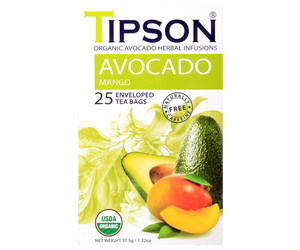 Tipson Avocado Mango – organiczna mieszanka rumianku, trawy cytrynowej, liści awokado, bazylii, kopru włoskiego, awokado oraz naturalnego aromatu mango. Kopertowane saszetki zostały umieszczone w opakowaniu ozdobionym grafiką liści i owoców.