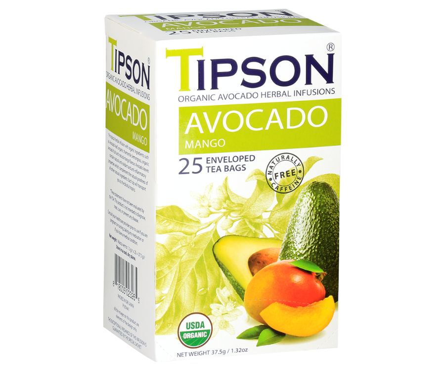 Tipson Avocado Mango – organiczna mieszanka rumianku, trawy cytrynowej, liści awokado, bazylii, kopru włoskiego, awokado oraz naturalnego aromatu mango. Kopertowane saszetki zostały umieszczone w opakowaniu ozdobionym grafiką liści i owoców.