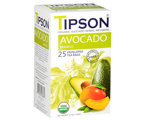 Tipson Avocado Mango – organiczna mieszanka rumianku, trawy cytrynowej, liści awokado, bazylii, kopru włoskiego, awokado oraz naturalnego aromatu mango. Kopertowane saszetki zostały umieszczone w opakowaniu ozdobionym grafiką liści i owoców.