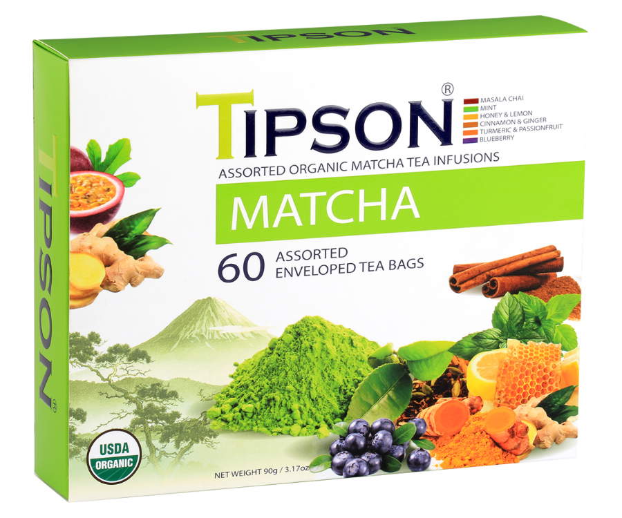 Tipson Matcha Assorted – zestaw herbat z kolekcji organicznych naparów. W prezentowej herbaciarce znajduje się 6 smaków herbaty matcha z dodatkami – owocami, ziołami, i przyprawami. 