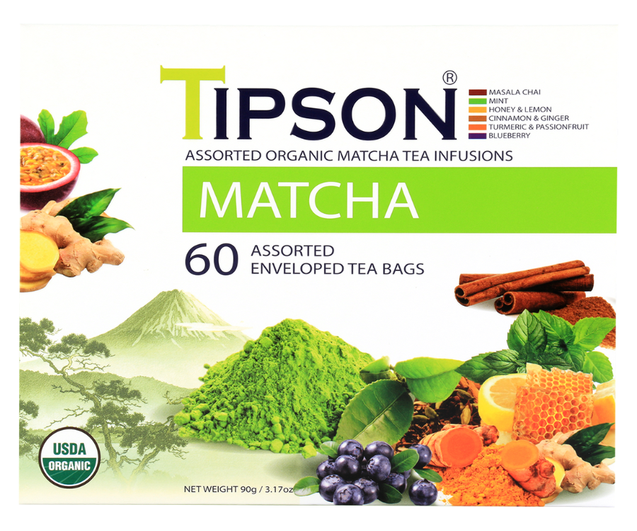 Tipson Matcha Assorted – zestaw herbat z kolekcji organicznych naparów. W prezentowej herbaciarce znajduje się 6 smaków herbaty matcha z dodatkami – owocami, ziołami, i przyprawami. 