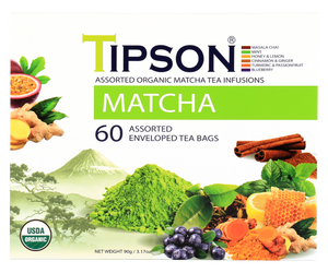 Tipson Matcha Assorted – zestaw herbat z kolekcji organicznych naparów. W prezentowej herbaciarce znajduje się 6 smaków herbaty matcha z dodatkami – owocami, ziołami, i przyprawami. 