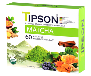 Tipson Matcha Assorted – zestaw herbat z kolekcji organicznych naparów. W prezentowej herbaciarce znajduje się 6 smaków herbaty matcha z dodatkami – owocami, ziołami, i przyprawami. 