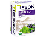 Tipson Matcha Bluberry – organiczna matcha z dodatkiem zielonej herbaty i aromatu borówek. Kopertowane saszetki zostały umieszczone w ozdobnym opakowaniu.