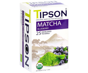 Tipson Matcha Bluberry – organiczna matcha z dodatkiem zielonej herbaty i aromatu borówek. Kopertowane saszetki zostały umieszczone w ozdobnym opakowaniu.