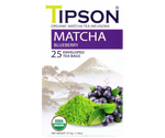 Tipson Matcha Bluberry – organiczna matcha z dodatkiem zielonej herbaty i aromatu borówek. Kopertowane saszetki zostały umieszczone w ozdobnym opakowaniu.