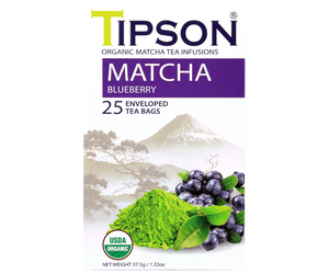 Tipson Matcha Bluberry – organiczna matcha z dodatkiem zielonej herbaty i aromatu borówek. Kopertowane saszetki zostały umieszczone w ozdobnym opakowaniu.