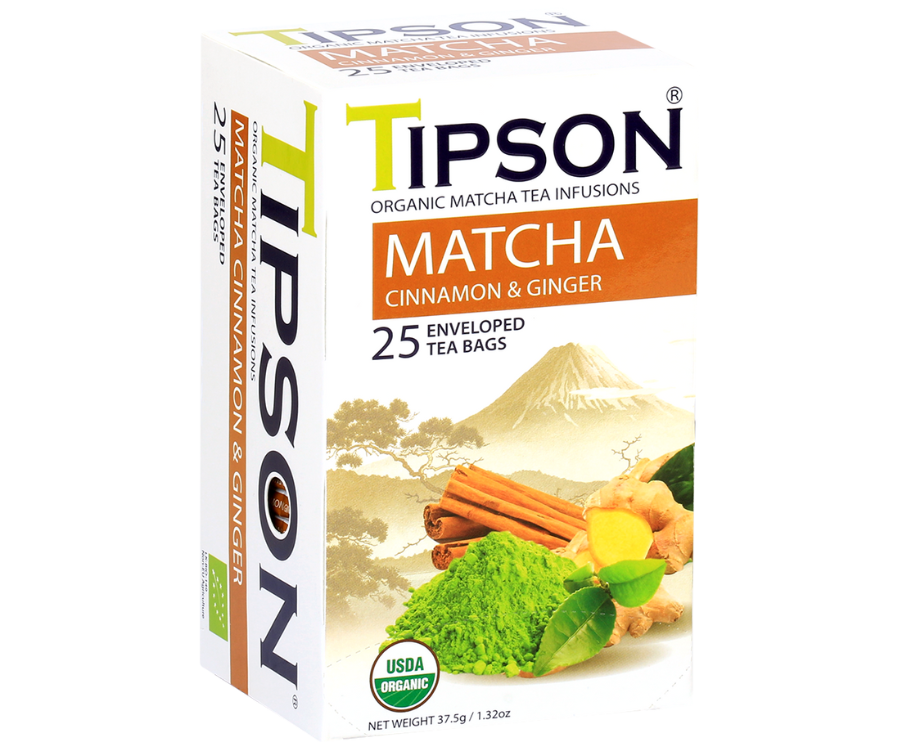 Tipson Matcha Cinnamon & Ginger – organiczna matcha z dodatkiem zielonej herbaty, imbiru, cynamonu. Kopertowane saszetki zostały umieszczone w ozdobnym opakowaniu.