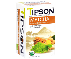 Tipson Matcha Cinnamon & Ginger – organiczna matcha z dodatkiem zielonej herbaty, imbiru, cynamonu. Kopertowane saszetki zostały umieszczone w ozdobnym opakowaniu.