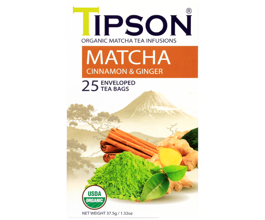 Tipson Matcha Cinnamon & Ginger – organiczna matcha z dodatkiem zielonej herbaty, imbiru, cynamonu. Kopertowane saszetki zostały umieszczone w ozdobnym opakowaniu.