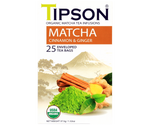 Tipson Matcha Cinnamon & Ginger – organiczna matcha z dodatkiem zielonej herbaty, imbiru, cynamonu. Kopertowane saszetki zostały umieszczone w ozdobnym opakowaniu.