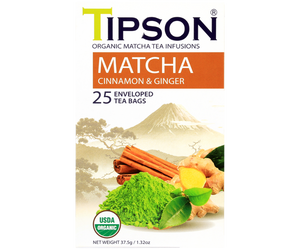 Tipson Matcha Cinnamon & Ginger – organiczna matcha z dodatkiem zielonej herbaty, imbiru, cynamonu. Kopertowane saszetki zostały umieszczone w ozdobnym opakowaniu.