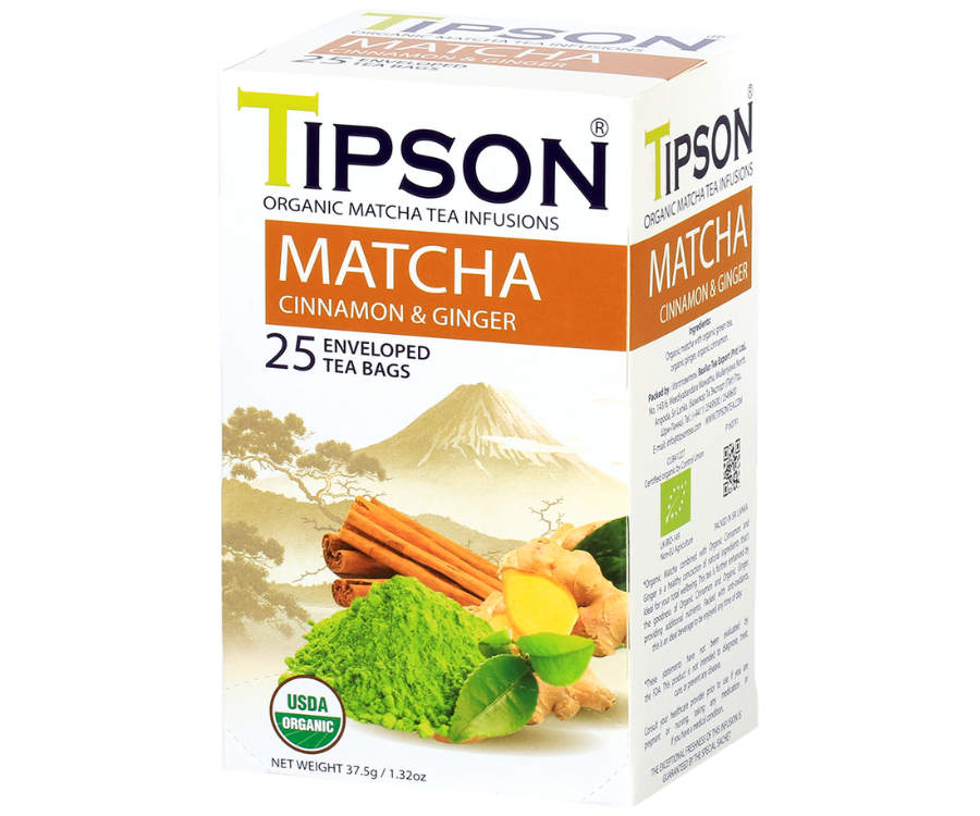 Tipson Matcha Cinnamon & Ginger – organiczna matcha z dodatkiem zielonej herbaty, imbiru, cynamonu. Kopertowane saszetki zostały umieszczone w ozdobnym opakowaniu.