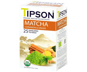 Tipson Matcha Cinnamon & Ginger – organiczna matcha z dodatkiem zielonej herbaty, imbiru, cynamonu. Kopertowane saszetki zostały umieszczone w ozdobnym opakowaniu.