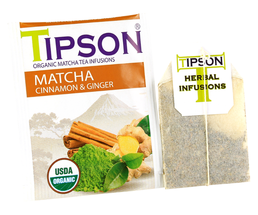 Tipson Matcha Cinnamon & Ginger – organiczna matcha z dodatkiem zielonej herbaty, imbiru, cynamonu. Kopertowane saszetki zostały umieszczone w ozdobnym opakowaniu.