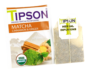 Tipson Matcha Cinnamon & Ginger – organiczna matcha z dodatkiem zielonej herbaty, imbiru, cynamonu. Kopertowane saszetki zostały umieszczone w ozdobnym opakowaniu.