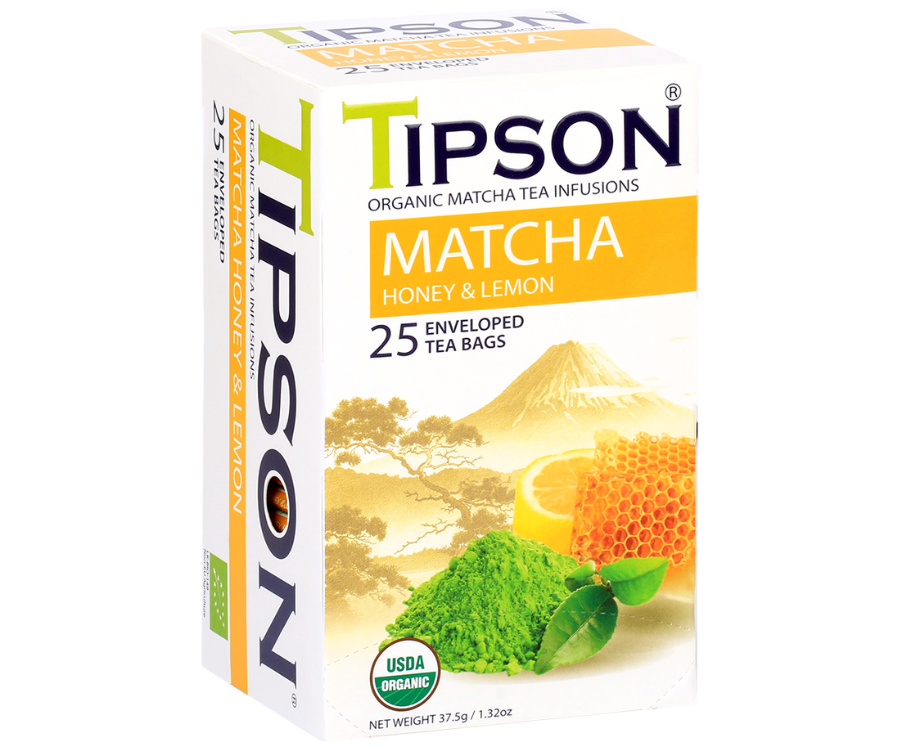 Tipson Matcha Honey & Lemon – organiczna matcha z dodatkiem zielonej herbaty, miodu i cytryny. Kopertowane saszetki zostały umieszczone w ozdobnym opakowaniu.