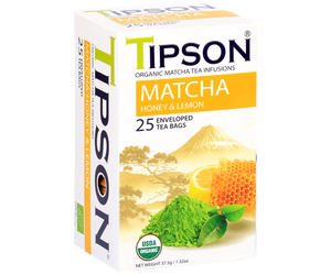 Tipson Matcha Honey & Lemon – organiczna matcha z dodatkiem zielonej herbaty, miodu i cytryny. Kopertowane saszetki zostały umieszczone w ozdobnym opakowaniu.