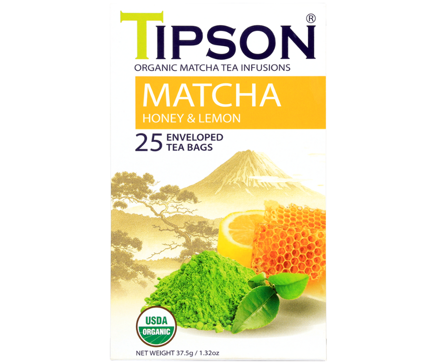 Tipson Matcha Honey & Lemon – organiczna matcha z dodatkiem zielonej herbaty, miodu i cytryny. Kopertowane saszetki zostały umieszczone w ozdobnym opakowaniu.