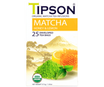 Tipson Matcha Honey & Lemon – organiczna matcha z dodatkiem zielonej herbaty, miodu i cytryny. Kopertowane saszetki zostały umieszczone w ozdobnym opakowaniu.