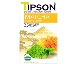 Tipson Matcha Honey & Lemon – organiczna matcha z dodatkiem zielonej herbaty, miodu i cytryny. Kopertowane saszetki zostały umieszczone w ozdobnym opakowaniu.