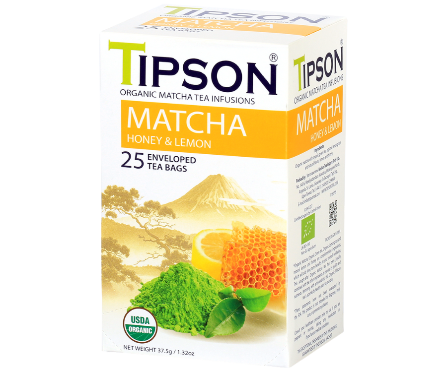 Tipson Matcha Honey & Lemon – organiczna matcha z dodatkiem zielonej herbaty, miodu i cytryny. Kopertowane saszetki zostały umieszczone w ozdobnym opakowaniu.