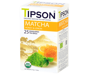 Tipson Matcha Honey & Lemon – organiczna matcha z dodatkiem zielonej herbaty, miodu i cytryny. Kopertowane saszetki zostały umieszczone w ozdobnym opakowaniu.