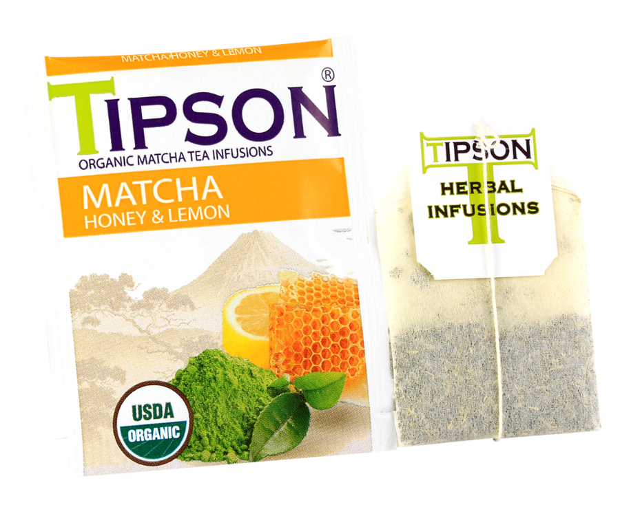 Tipson Matcha Honey & Lemon – organiczna matcha z dodatkiem zielonej herbaty, miodu i cytryny. Kopertowane saszetki zostały umieszczone w ozdobnym opakowaniu.