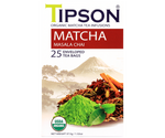 Tipson Masala Chai – organiczna matcha z dodatkiem zielonej herbaty, czarnego pieprzu, imbiru, cynamonu, goździków, gałki muszkatołowej, kardamonu i olejku z imbiru. Kopertowane saszetki zostały umieszczone w ozdobnym opakowaniu.